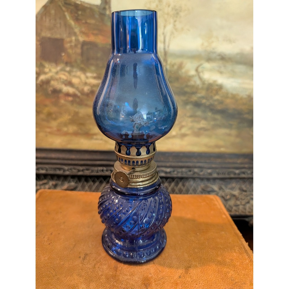 Vintage Cobalt Blue Glass Miniature Oil Lamp 8" Swirl Dot Made in Hong Kong